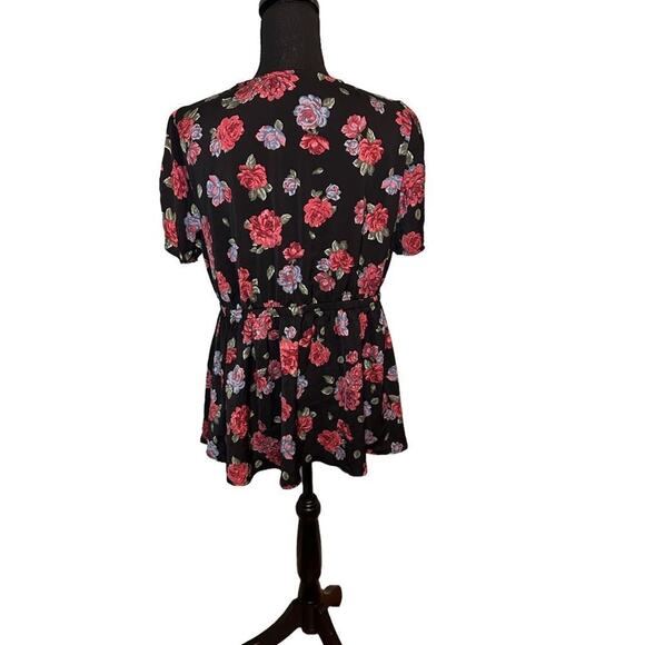 Torrid Plus Size Black & Red Rose Faux Wrap Blouse – Romantic Floral Top - Picture 3 of 8